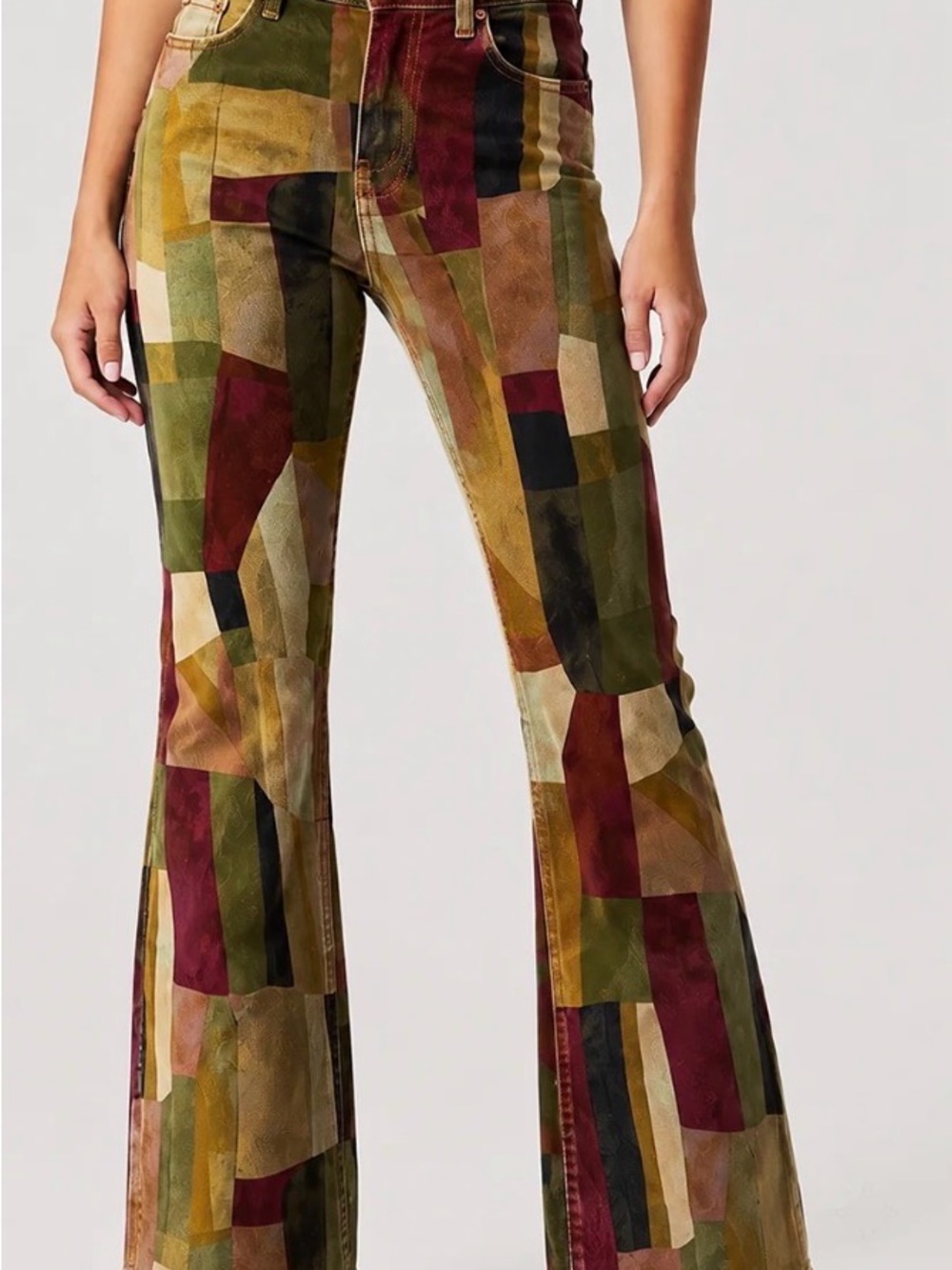 Patchwork Flare Jeans in Olive Multi - Women